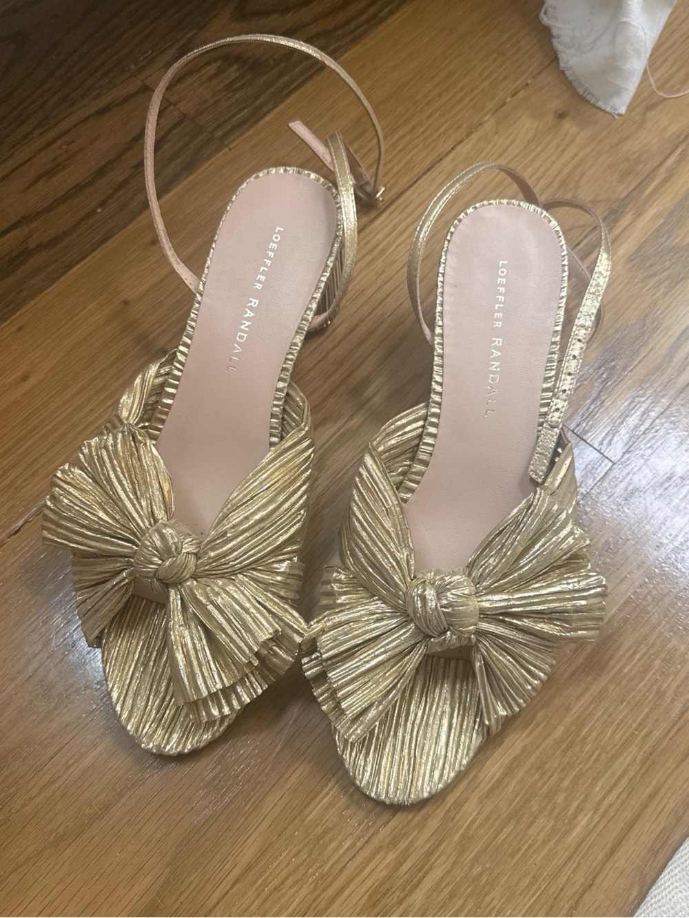 Loeffler Randall Camellia Gold Pleated Bow Heel with Ankle Straps